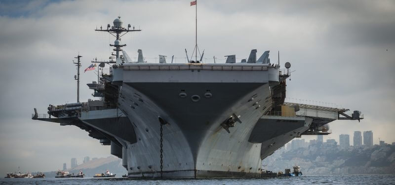 Aircraft carrier from the water in front